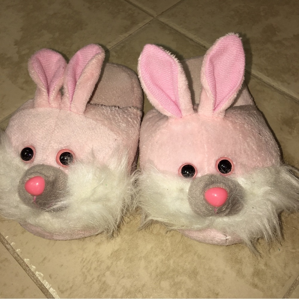 Pink bunny slippers with fur and cute eyes Child slippers, 7 inches long